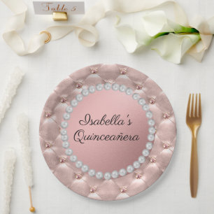 Assiettes En Carton Rose Gold Rose Blanche Perles Quinceañera Photo 