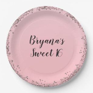 Assiettes En Carton Rose Gold Rose Paillettes Pailletées Glamour Bord 