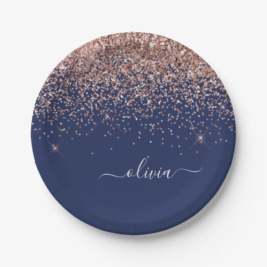 Assiettes En Carton Rose Gold Rose Pâle Bleu Nuit Paillettes Monogramm (Devant)
