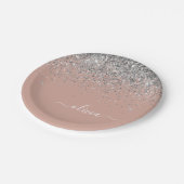 Assiettes En Carton Rose Gold Rose Pâle Pailleté Argent Monogramme (Angle)