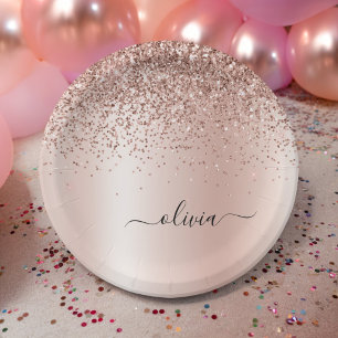 Assiettes En Carton Rose Gold - Rose Pâle Pailleté Monogramme Nom