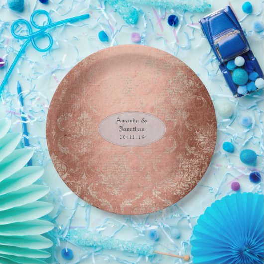 Assiettes En Carton Rose Gold Shabby-Chic Damask Mariage (Fête)