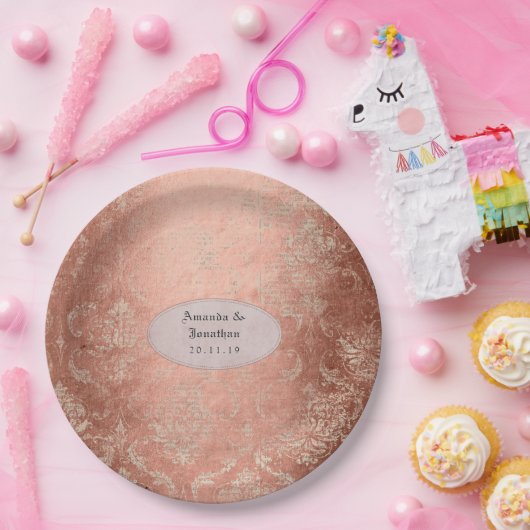 Assiettes En Carton Rose Gold Shabby-Chic Damask Mariage (Fête)
