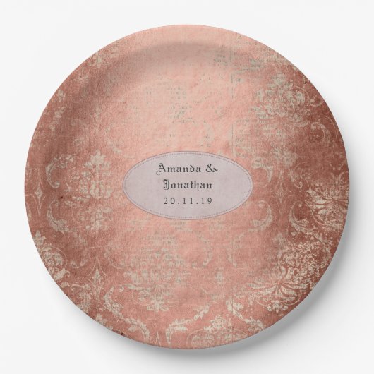 Assiettes En Carton Rose Gold Shabby-Chic Damask Mariage (Devant)