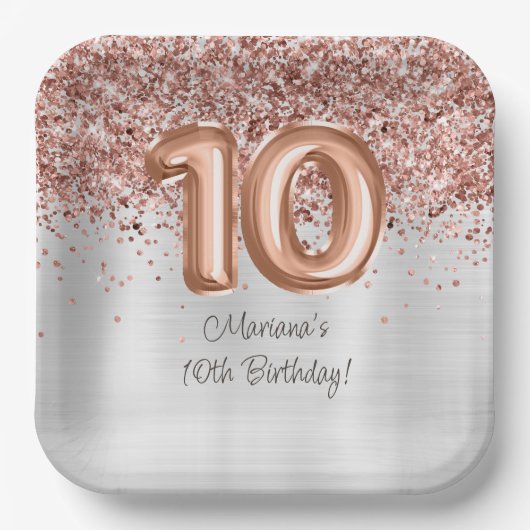Assiettes En Carton Rose Gold Silver 10e fête d'anniversaire (Recto)