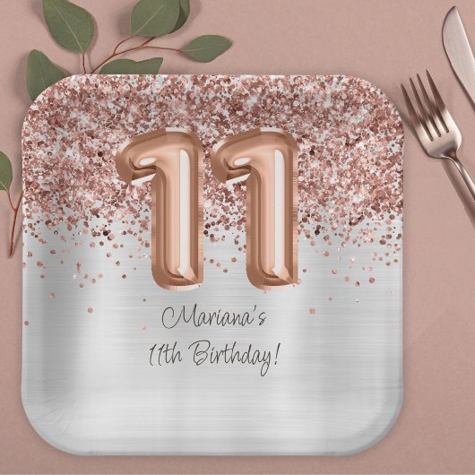 Assiettes En Carton Rose Gold Silver 11e fête d'anniversaire