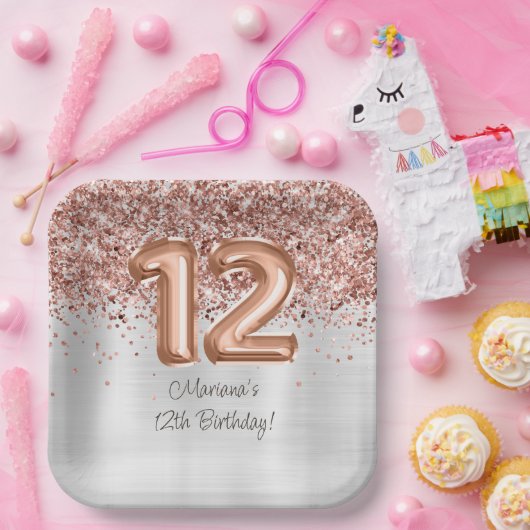 Assiettes En Carton Rose Gold Silver 12e fête d'anniversaire (Fête)