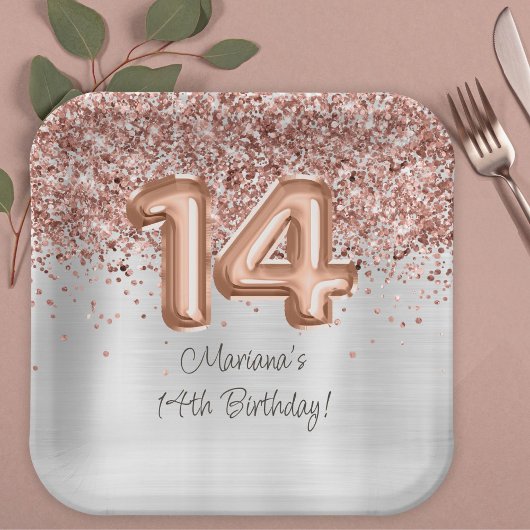 Assiettes En Carton Rose Gold Silver 14e fête d'anniversaire