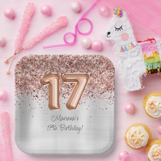 Assiettes En Carton Rose Gold Silver 17e fête d'anniversaire (Fête)