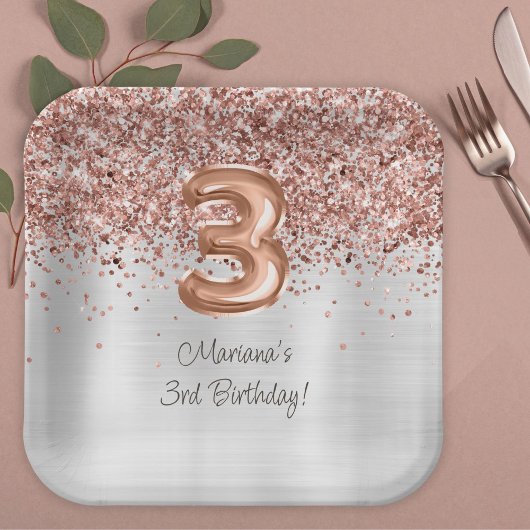 Assiettes En Carton Rose Gold Silver 3e fête d'anniversaire