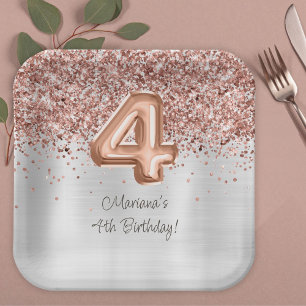 Assiettes En Carton Rose Gold Silver 4e fête d'anniversaire