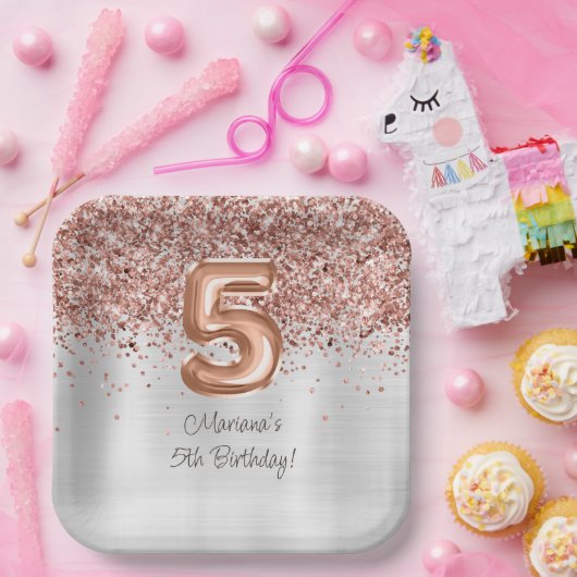Assiettes En Carton Rose Gold Silver 5e fête d'anniversaire (Fête)