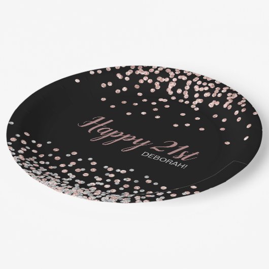 Assiettes En Carton Rose Gold Silver Confetti 21e fête d'anniversaire (Angle)