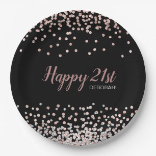 Assiettes En Carton Rose Gold Silver Confetti 21e fête d'anniversaire