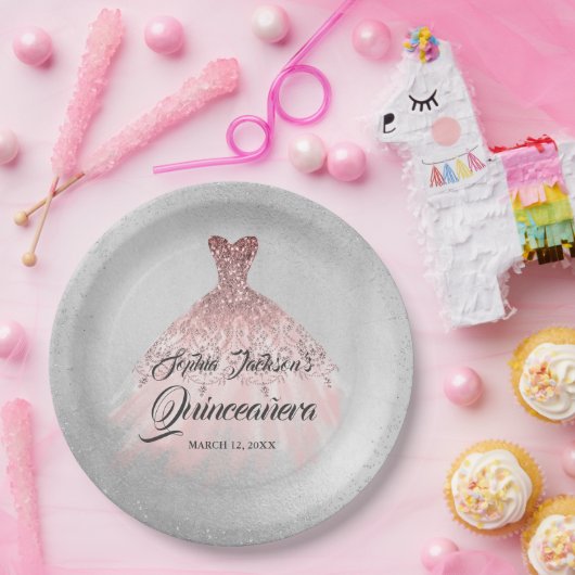 Assiettes En Carton Rose Gold Silver Diamond Sparkle Gown Quinceanera (Fête)
