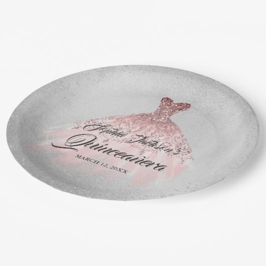 Assiettes En Carton Rose Gold Silver Diamond Sparkle Gown Quinceanera (Angle)