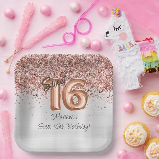 Assiettes En Carton Rose Gold Silver Sweet 16e fête d'anniversaire (Fête)