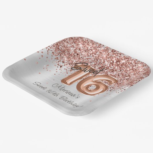 Assiettes En Carton Rose Gold Silver Sweet 16e fête d'anniversaire (Angulaire)