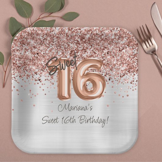 Assiettes En Carton Rose Gold Silver Sweet 16e fête d'anniversaire