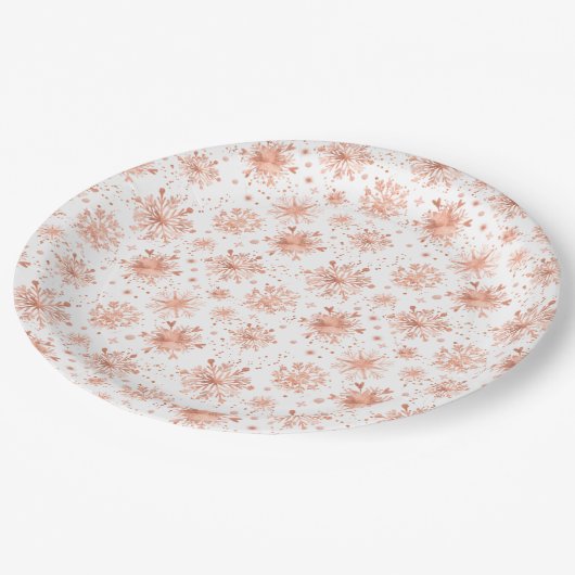 Assiettes En Carton Rose Gold Snowflakes en blanc (Angle)