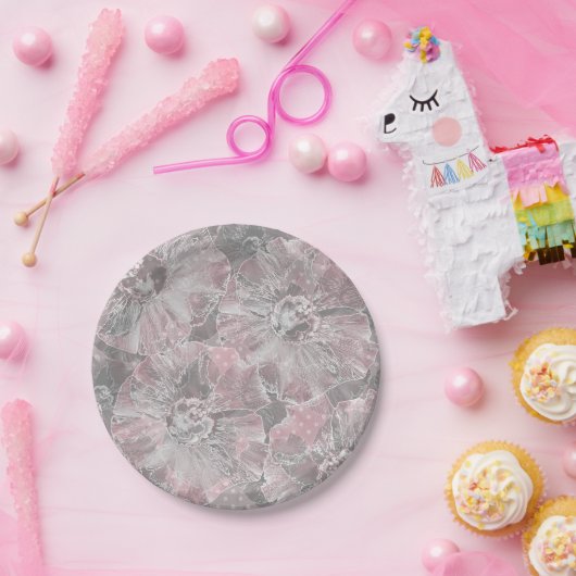 Assiettes En Carton rose, gris, élégant, grand, fleurs, fleurs roses, (Fête)