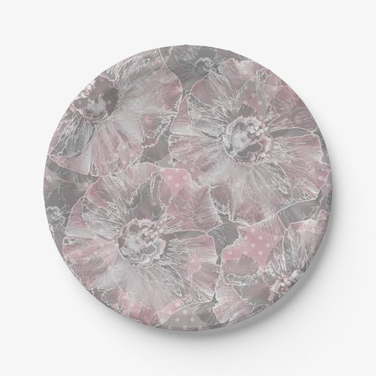 Assiettes En Carton rose, gris, élégant, grand, fleurs, fleurs roses, (Devant)