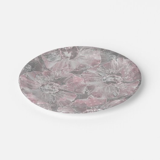 Assiettes En Carton rose, gris, élégant, grand, fleurs, fleurs roses, (Angle)