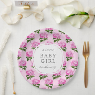 Assiettes En Carton Rose Hydrangea Motif Sweet Baby Girl