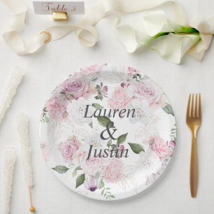 Assiettes En Carton Rose Jardin Floral Monogramme Mariage