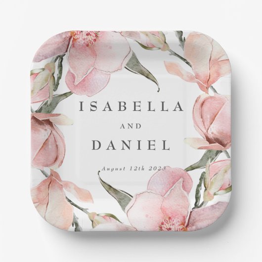 Assiettes En Carton Rose Magnolia mariage personnalisé serviettes (Recto)