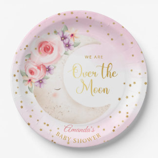 Assiettes En Carton Rose mignon sur la Lune Baby shower Gold Stars