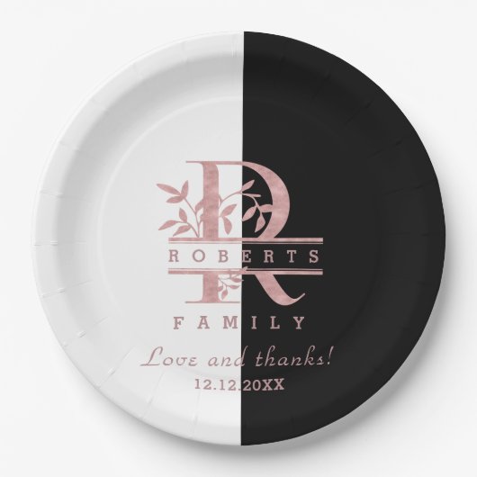 Assiettes En Carton Rose moderne Gold Split Monogramme personnalisé R (Devant)
