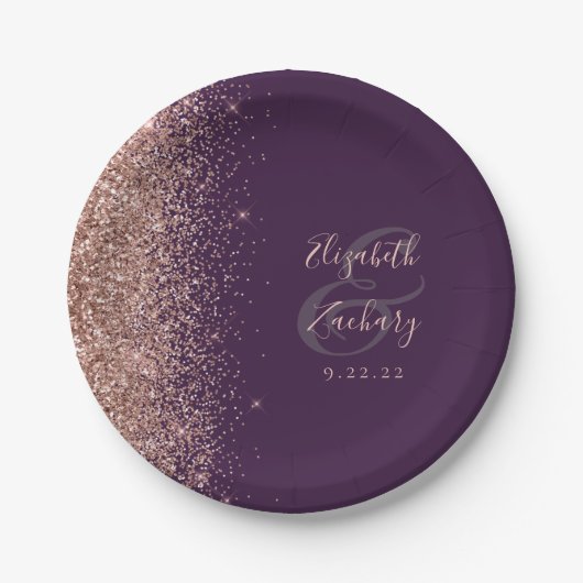 Assiettes En Carton Rose moderne Parties scintillant or violet Mariag (Devant)