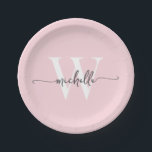 Assiettes En Carton Rose Moderne Personnalisé Monogramme Nom Script<br><div class="desc">Assiettes en papier personnalisées avec un design moderne, élégant et féminin, monogramme rose blush avec nom et initiales en écriture cursive. Ce design présente votre prénom dans une jolie typographie manuscrite avec un monogramme initial en noir et blanc sur fond rose blush. Celles-ci sont faciles à personnaliser. Idéal pour une...</div>