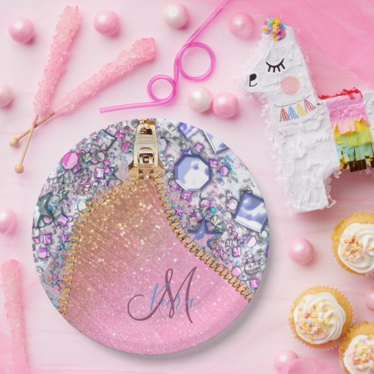 Assiettes En Carton Rose Monogramme de Parties scintillant d'or pour f (Fête)