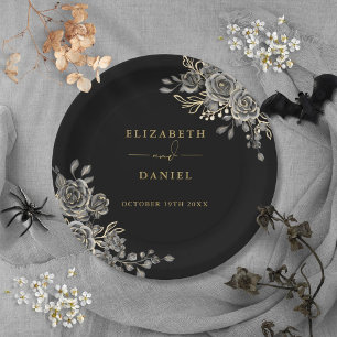 Assiettes En Carton Rose Noir Et Or Floral Mariage gothique
