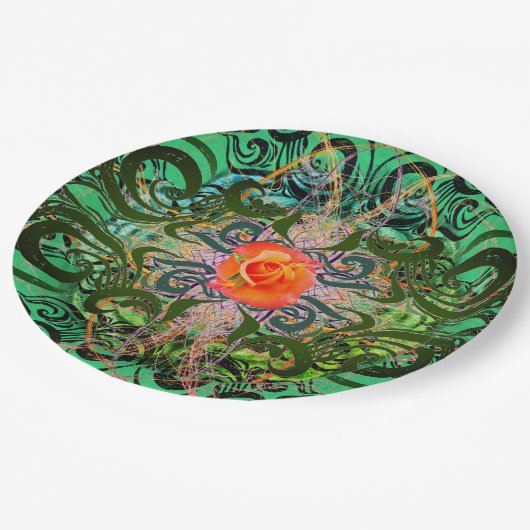 Assiettes En Carton Rose orange sur motif vert élégant (Angle)