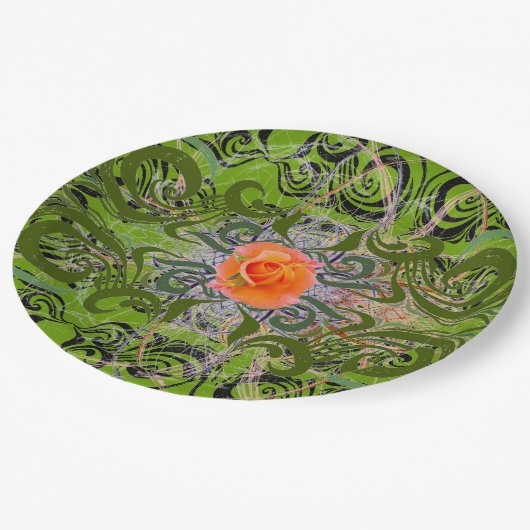 Assiettes En Carton Rose orange sur vert élégant (Angle)