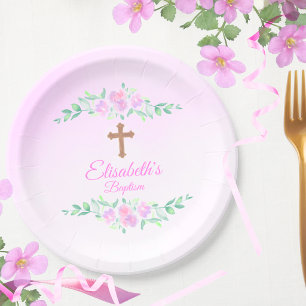 Assiettes En Carton Rose Pâle Aquarelle Ombré Croix Baptême Personnali