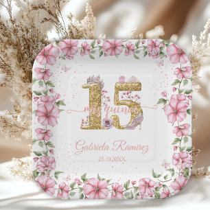 Assiettes En Carton Rose Pâle Doré Mis Quince Quinceañera