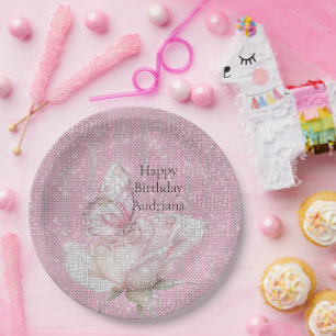 Assiettes En Carton Rose Papillon Étincelant Rose Pâle Anniversaire