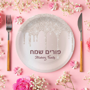 Assiettes En Carton Rose Parties scintillant or Driw Happy Purim Happy