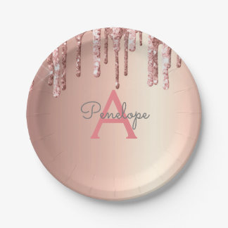Assiettes En Carton Rose Parties scintillant rose or et Monogramme éti