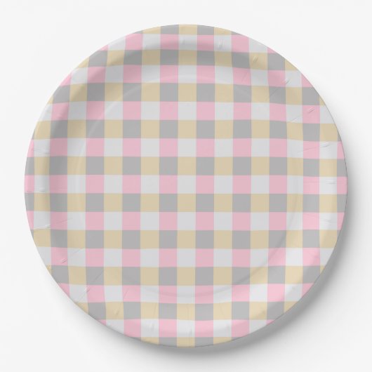 Assiettes En Carton Rose pastel jaune gris carreaux (Devant)