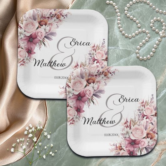 Assiettes En Carton Rose Poussiéreuse Bohème Floral Moderne Écriture M