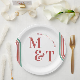Assiettes En Carton Rose   Retro Seventies Stripes   Monogramme Mariag
