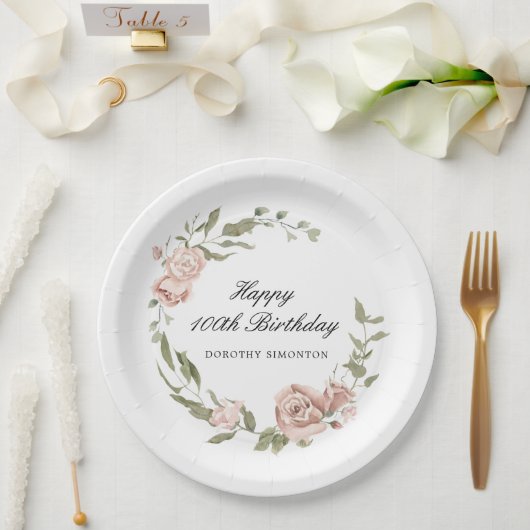 Assiettes En Carton Rose rose Dusty Floral 100e anniversaire (Mariage)