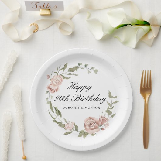 Assiettes En Carton Rose rose Dusty Floral 90e anniversaire (Mariage)