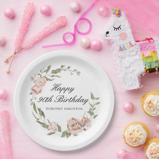 Assiettes En Carton Rose rose Dusty Floral 90e anniversaire (Fête)