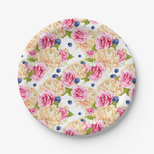 Assiettes En Carton Rose rose et ivoire et motif floral myrtille